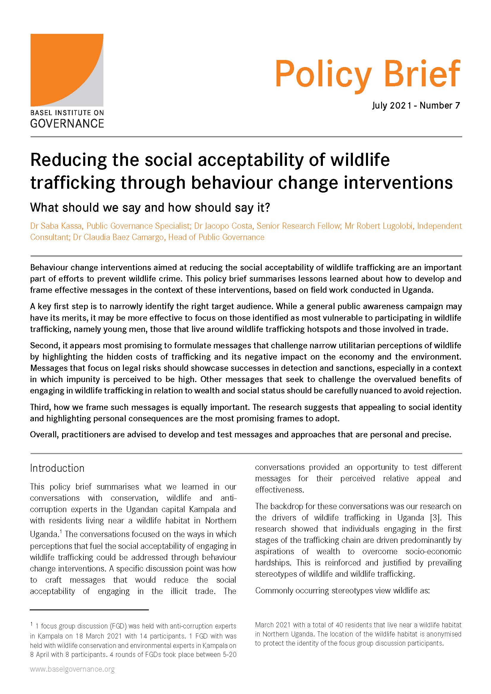 Policy Brief 7: Reducing the social acceptability of wildlife trafficking through behaviour change interventions cover