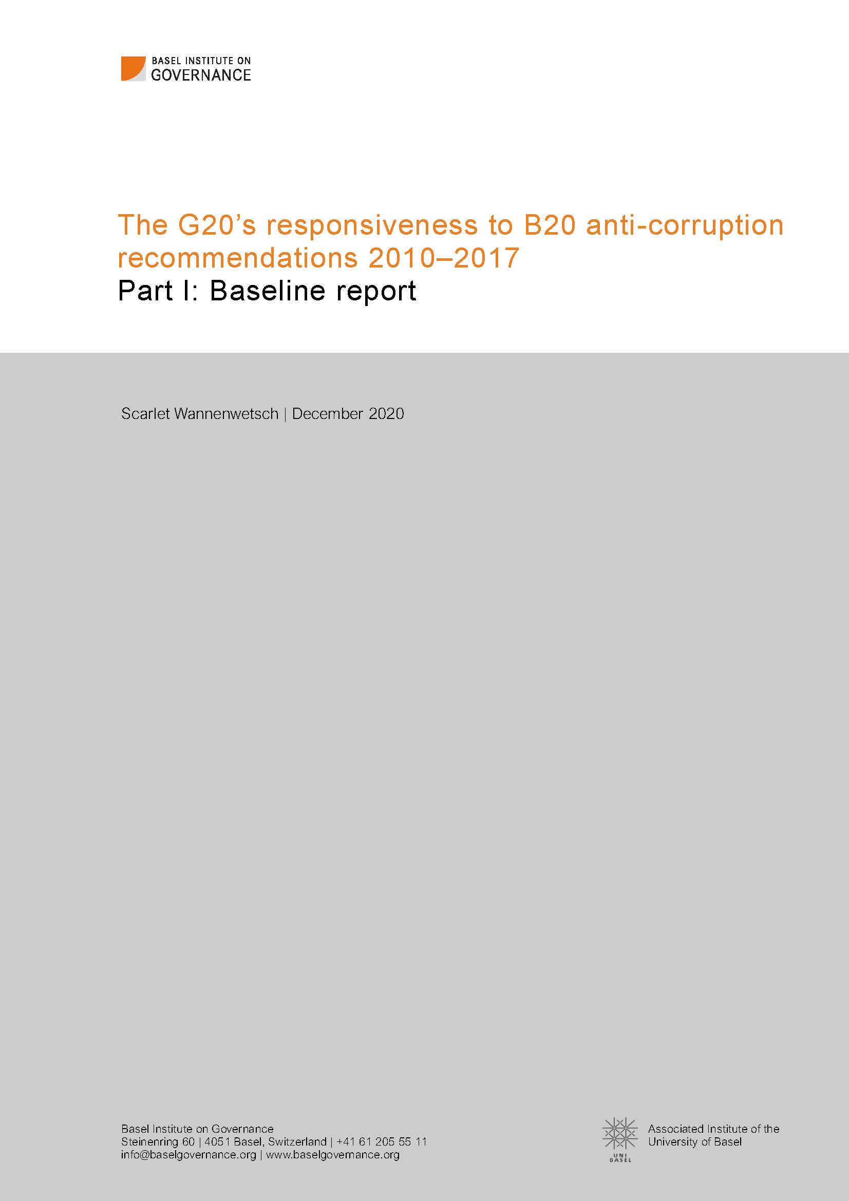The G20’s responsiveness to B20 anti-corruption recommendations 2010–2017. Part I: Baseline report cover