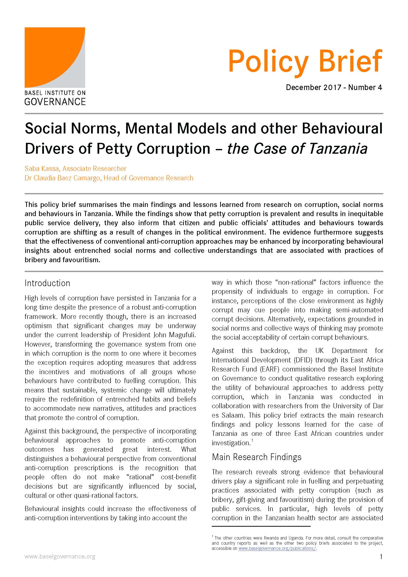 Policy Brief 4: Social norms, mental models and other behavioural drivers of petty corruption – the case of Tanzania cover