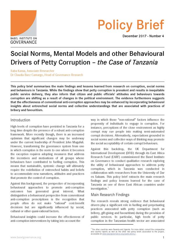 Policy Brief 4: Social norms, mental models and other behavioural drivers of petty corruption – the case of Tanzania