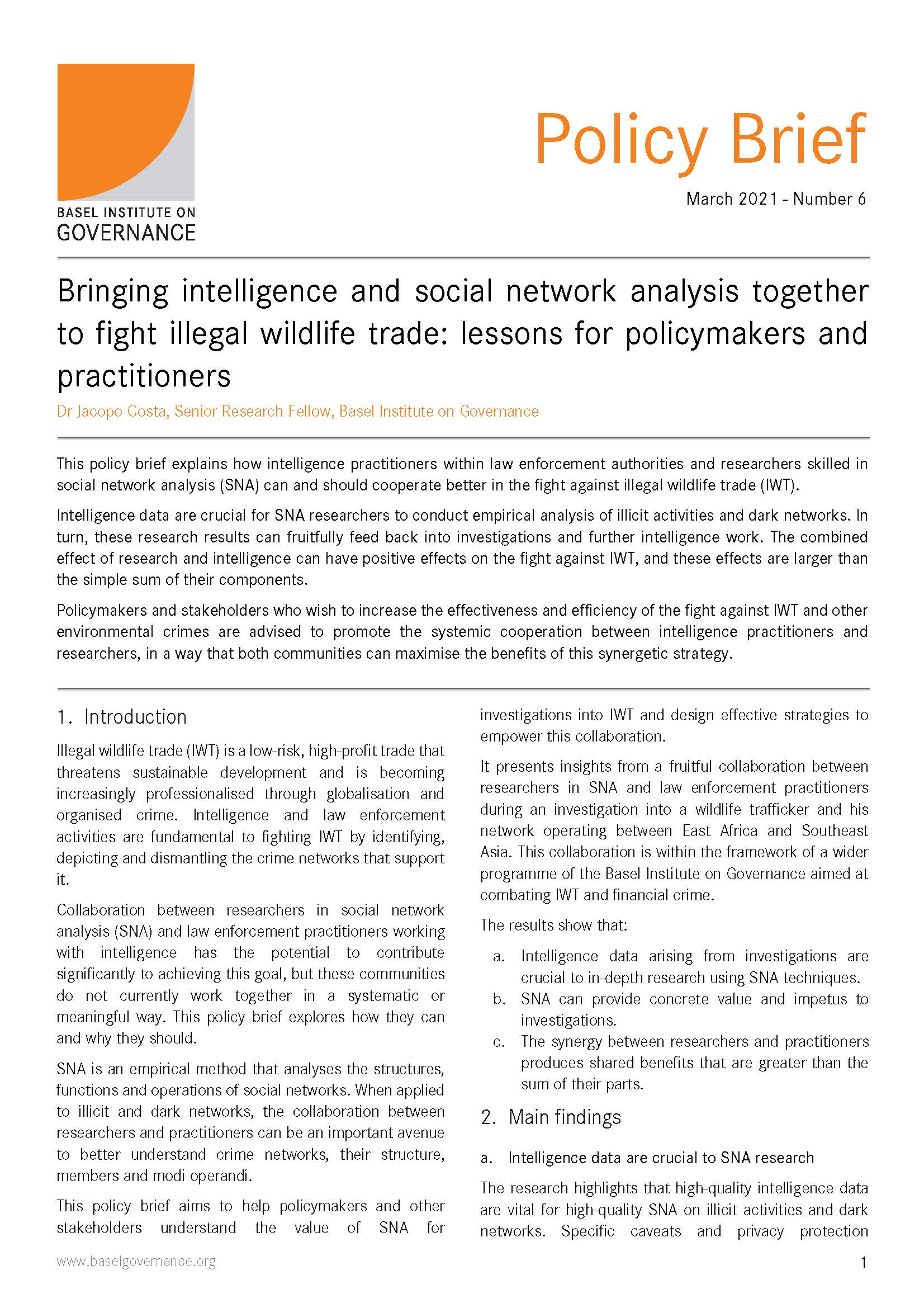 Policy Brief 6: Bringing intelligence and social network analysis together to fight illegal wildlife trade cover