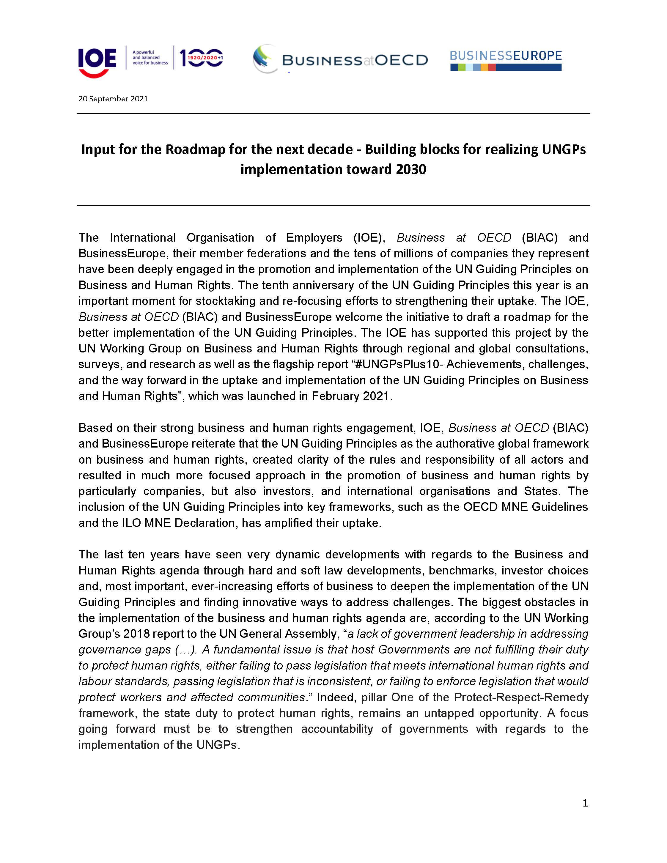 Input for the Roadmap for the next decade - Building blocks for realizing UNGPs implementation toward 2030 cover