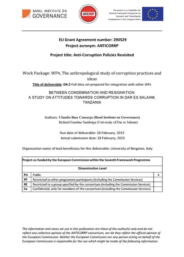 Between Condemnation and Resignation: A Study on Attitudes towards Corruption in Dar Es Salaam, Tanzania (ANTICORRP study)