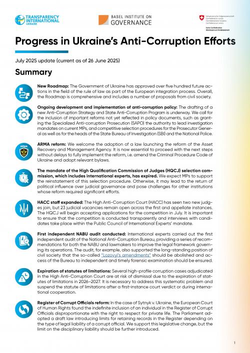 Progress in Ukraine's anti-corruption efforts - July 2025 update cover
