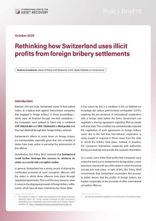 Policy Brief 15: Rethinking how Switzerland uses illicit profits from foreign bribery settlements cover