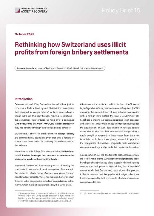 Policy Brief 15: Rethinking how Switzerland uses illicit profits from foreign bribery settlements