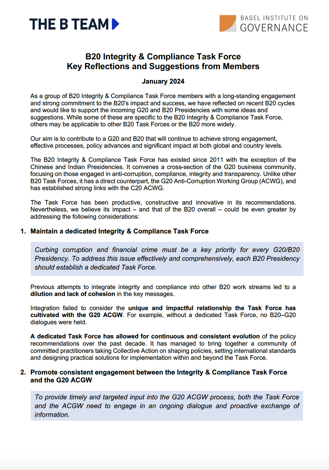 B20 Integrity and Compliance Task Force – Key Reflections and Suggestions from Members cover