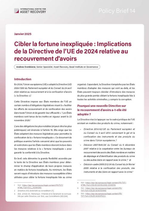 Policy Brief 14: Cibler la fortune inexpliquée : Implications de la Directive de l’UE de 2024 relative au recouvrement d'avoirs cover
