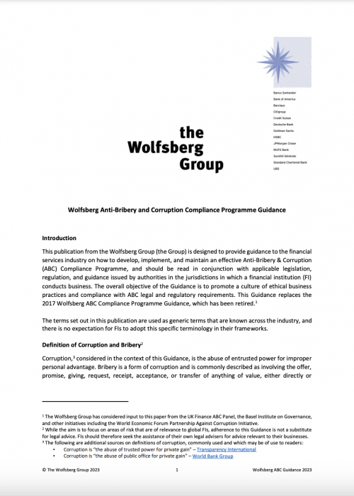 Wolfsberg Anti-Bribery and Corruption Compliance Programme Guidance cover
