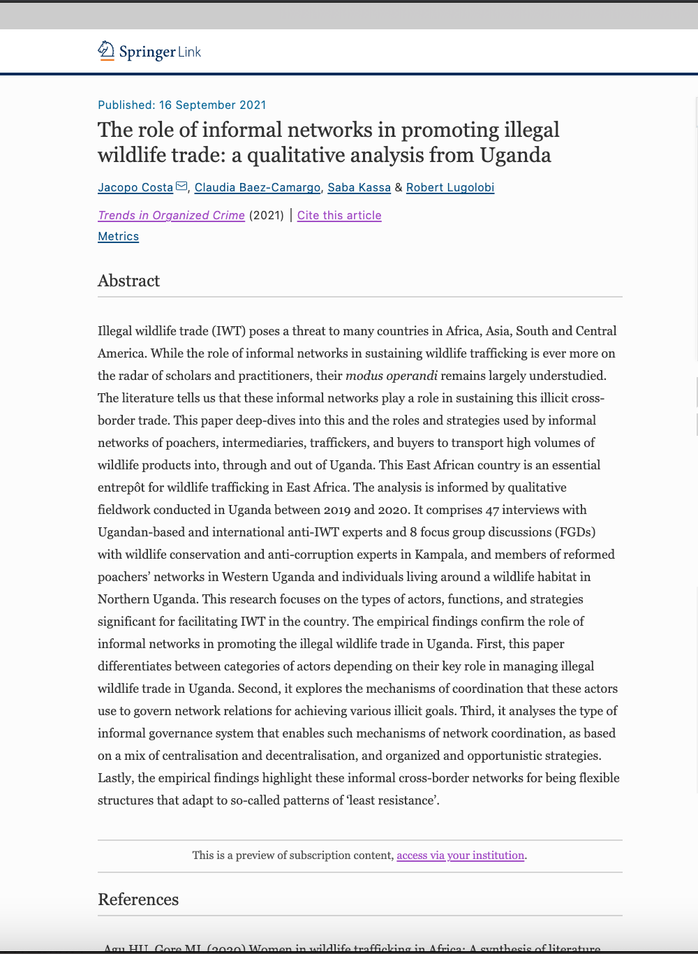 The role of informal networks in promoting illegal wildlife trade: a qualitative analysis from Uganda cover