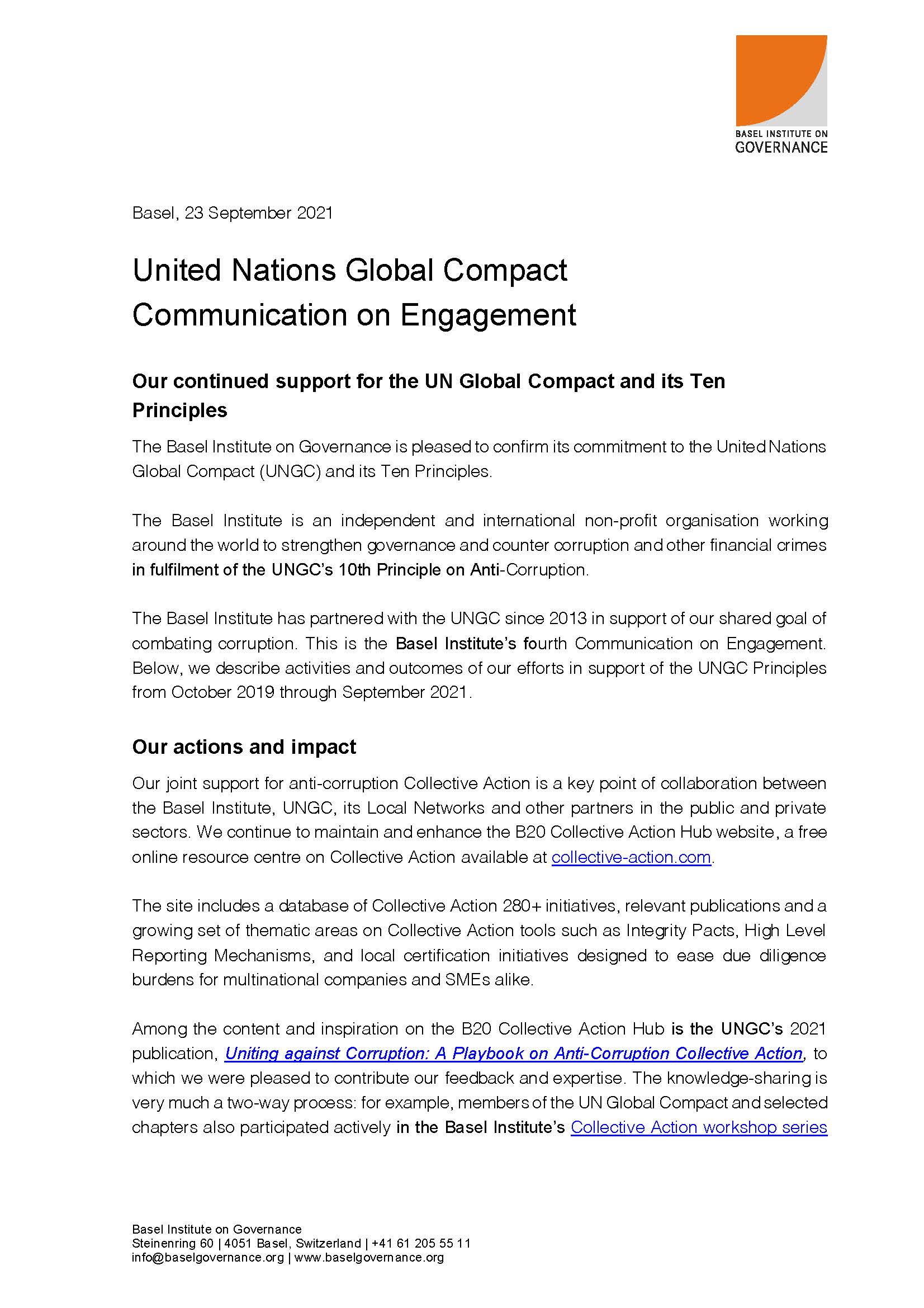 United Nations Global Compact: Communication on Engagement 2021 cover