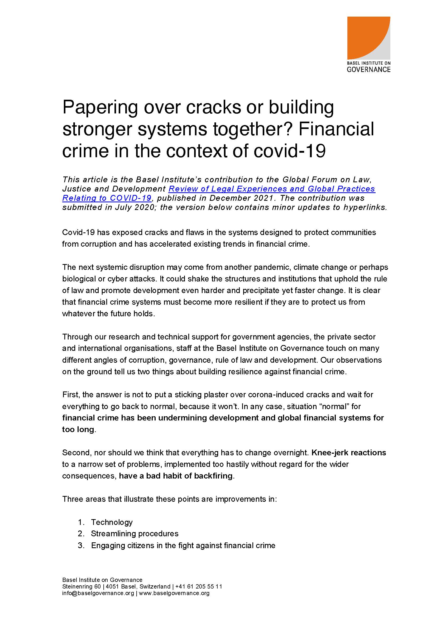 Papering over cracks or building stronger systems together? Financial crime in the context of covid-19 cover