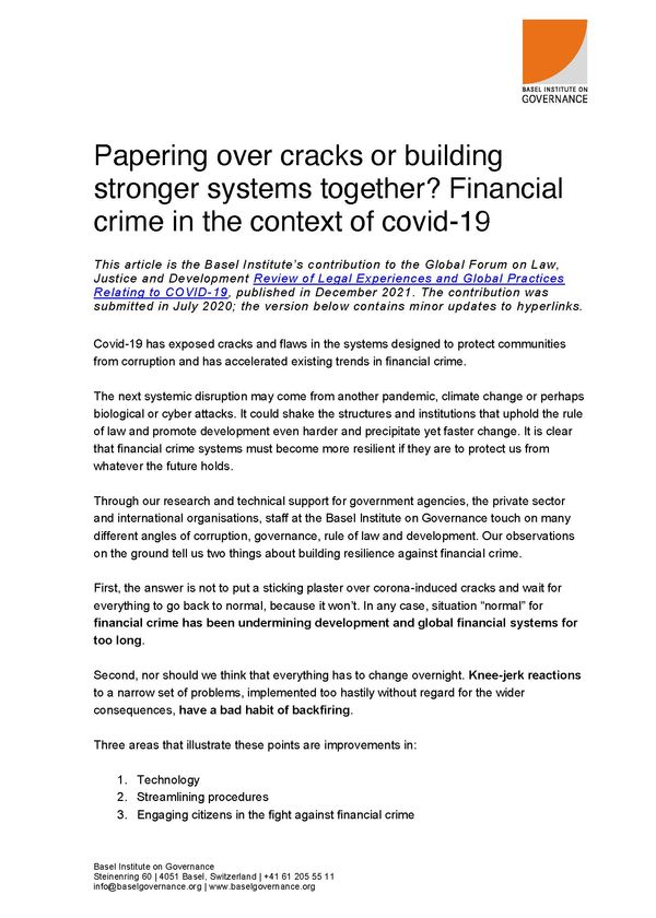 Papering over cracks or building stronger systems together? Financial crime in the context of covid-19