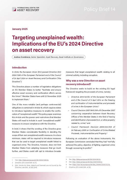 Policy Brief 14: Targeting unexplained wealth: Implications of the EU’s 2024 Directive on asset recovery cover