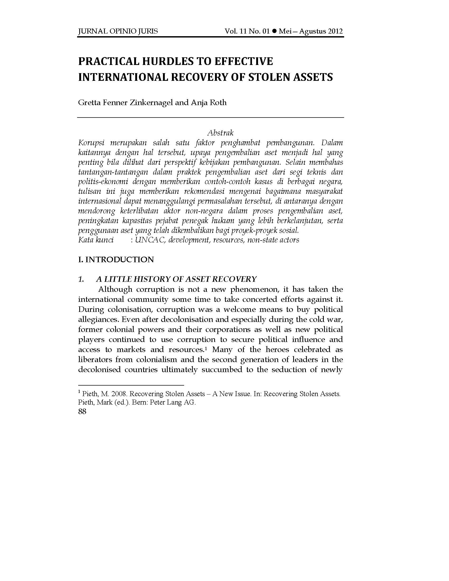 Practical hurdles to effective international recovery of stolen assets cover