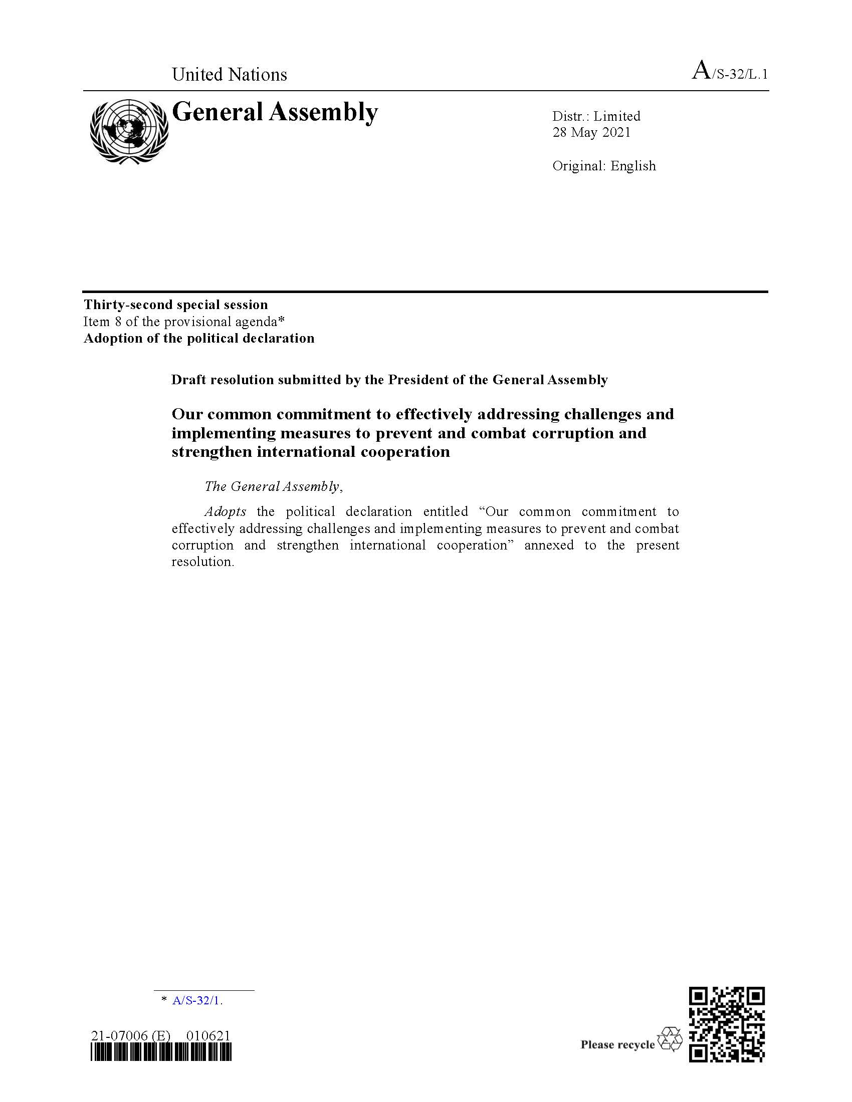 UNGASS 2021 Political Declaration cover