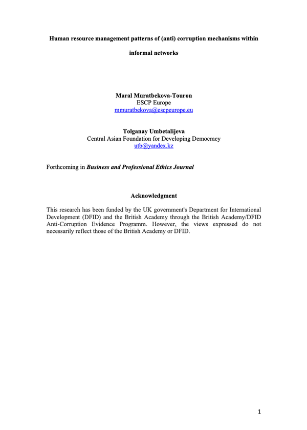 Human resource management patterns of (anti) corruption mechanisms within informal networks