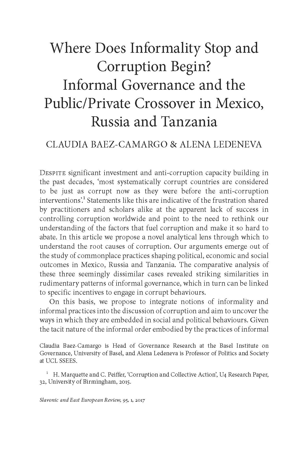 Where does informality stop and corruption begin? Informal governance and the public/private crossover in Mexico, Russia and Tanzania cover