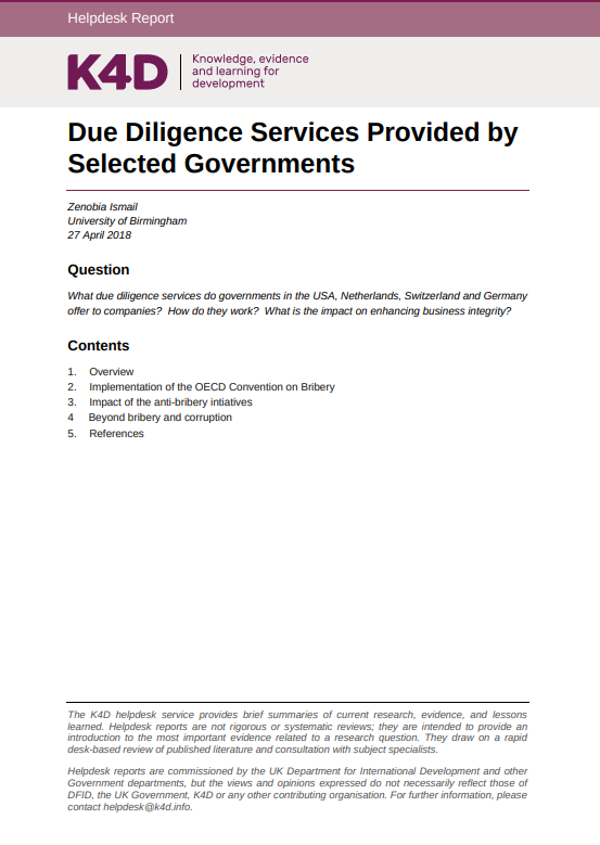 Due diligence services provided by selected governments cover