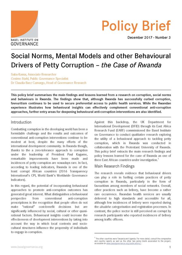 Policy Brief 3: Social norms, mental models and other behavioural drivers of petty corruption – the case of Rwanda