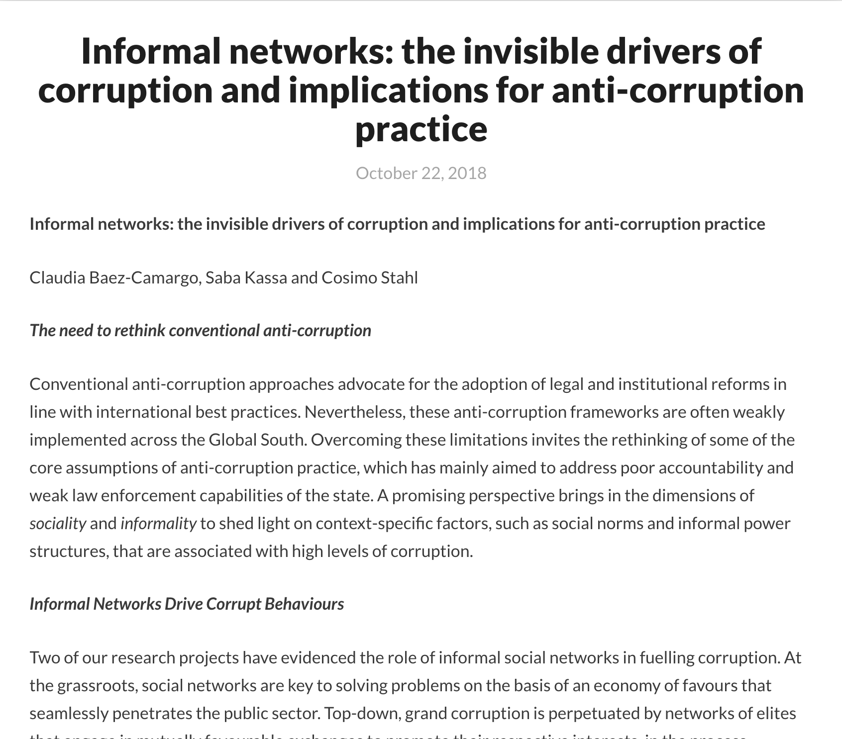 Informal networks: the invisible drivers of corruption and implications for anti-corruption practice cover