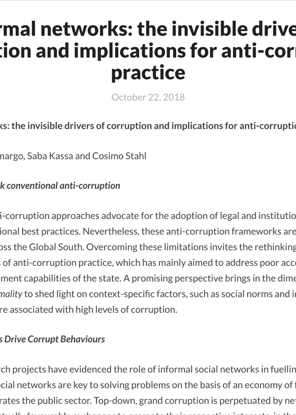 Informal networks: the invisible drivers of corruption and implications for anti-corruption practice