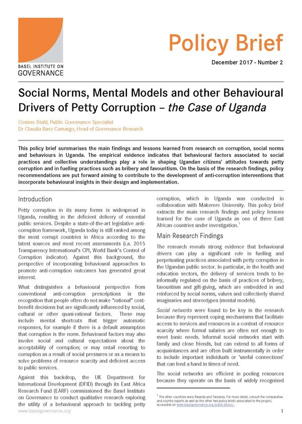 Policy Brief 2: Social norms, mental models and other behavioural drivers of petty corruption – the case of Uganda