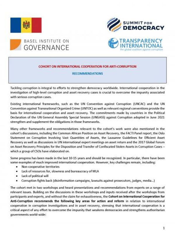 Recommendations of the International Cooperation for Anti-Corruption Cohort of the Summit for Democracy