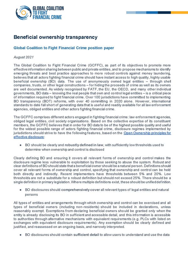 Beneficial ownership transparency – a GCFCC position paper