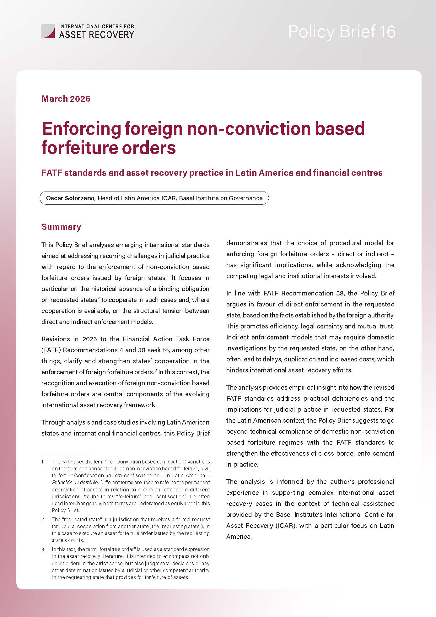 Policy Brief 16: Enforcing foreign non-conviction based forfeiture orders cover